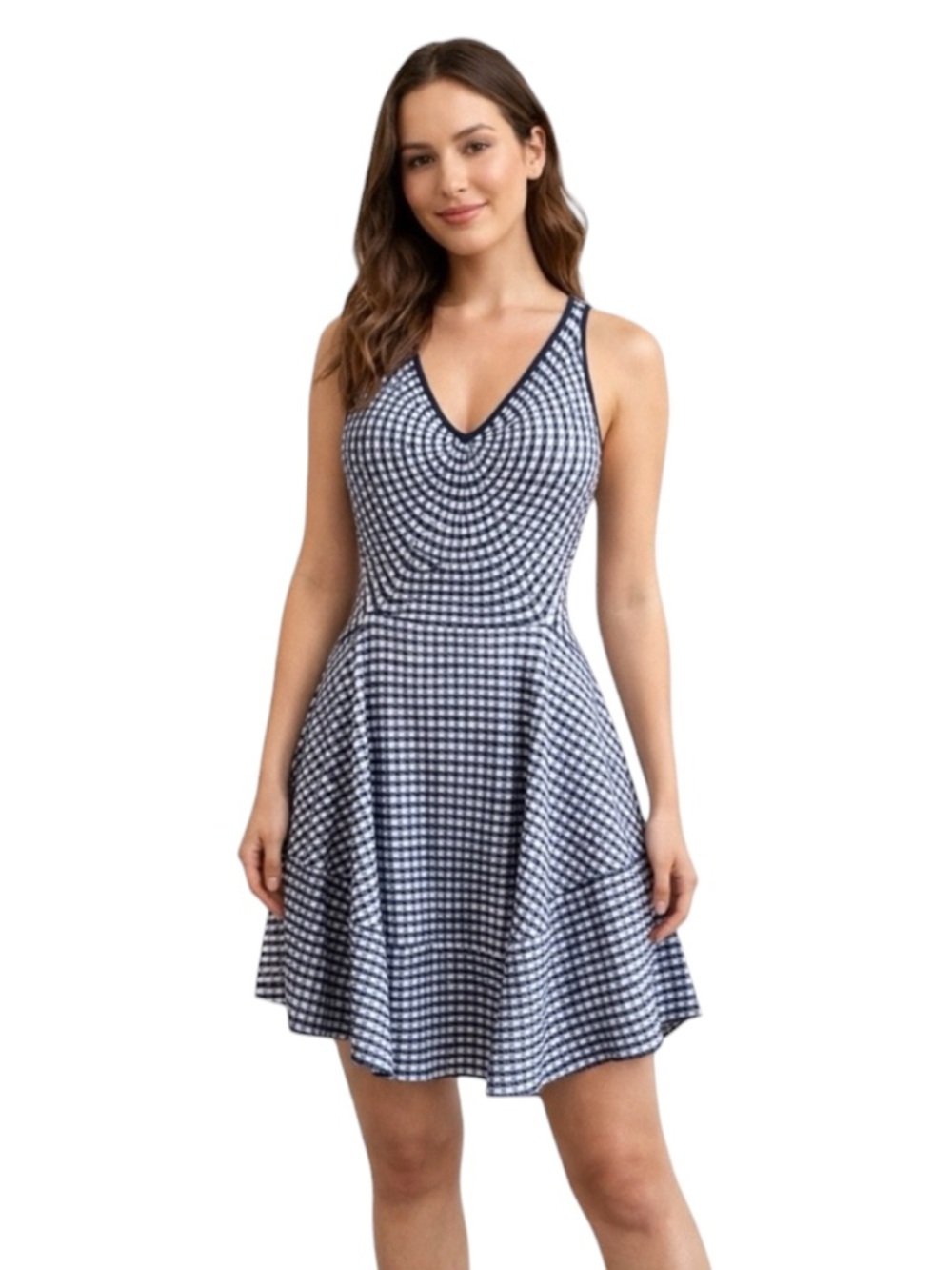 Jonathan Simkhai Radial Gingham Flounce Dress Navy White Fit‎ & Flare Mini M